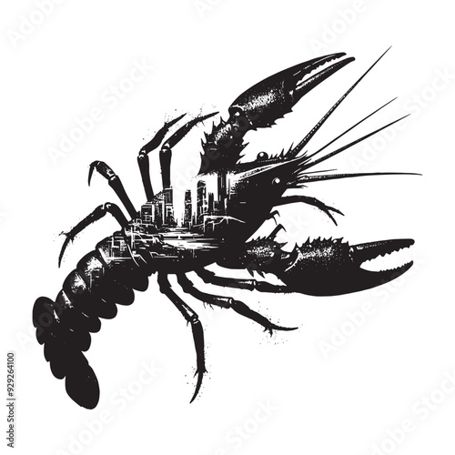 silhouette of Crayfish filled with destroyed futuristic dystopia environment in rough drawing