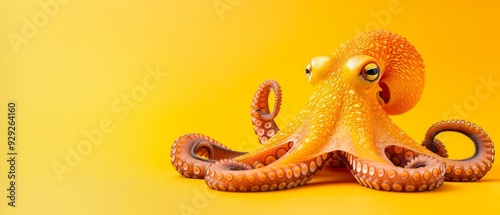  A tight shot of an octopus against a yellow backdrop, bearing a black-and-white octopus on its rear legs