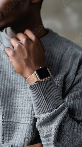 A man displays his wrist adorned with a fashionable watch, dressed in a cozy sweater, exuding style and confidence in a well-lit indoor setting