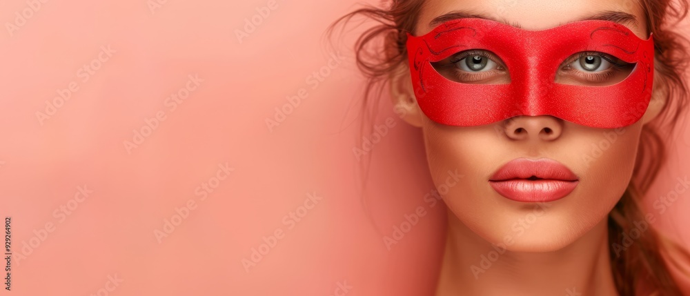 A woman with a red mask covers her face Her hair is pulled back into a single ponytail A woman with a red mask covers her face Her hair is pulled back into a single ponytail