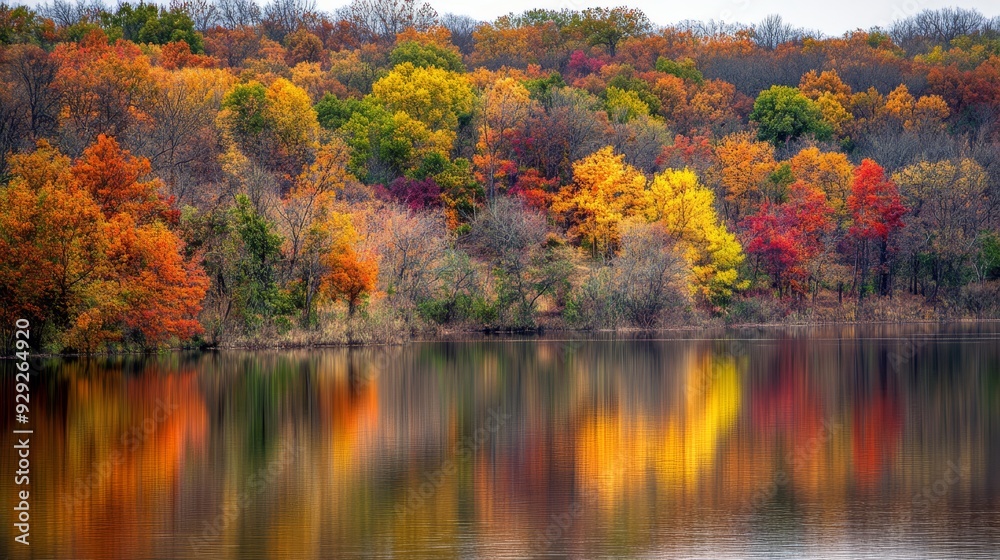 Fototapeta premium Bright autumn trees reflecting in a calm lake on a sunny day. Ideal for nature and landscape designs.