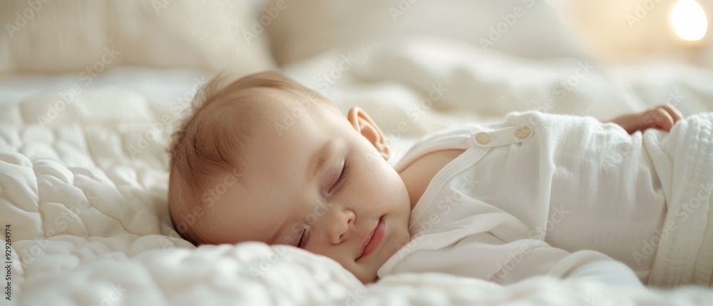 A baby sleeps on a bed with white sheets and a white blanket over its head A baby sleeps on a bed with white sheets and a white blanket over its head