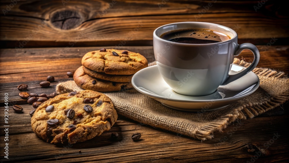 Warmly lit still life of a freshly brewed cup of coffee paired with a crumbly chocolate chip cookie on a rustic wooden tabletop. Warmly lit still life of a freshly brewed cup of coffee paired with a crumbly chocolate chip cookie on a rustic wooden tabletop.