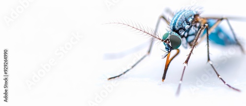 A tight shot of a mosquito against a white backdrop, with its legs softly blurred