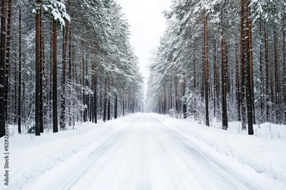 Fototapeta premium Snow-covered road through a dense pine forest on a winter day. Perfect for winter and seasonal designs.