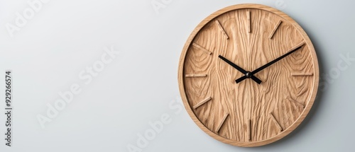  A tight shot of a wooden clock against a wall, featuring black hands and numerals on its circular face