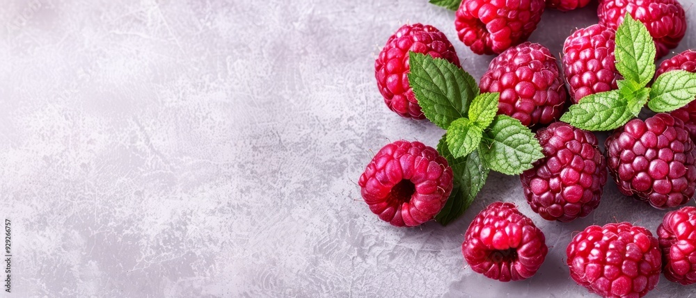 A collection of red raspberries with green leaves against a gray backdrop, ready for text or image insertion A collection of red raspberries with green leaves against a gray backdrop, ready for text or image insertion