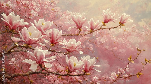   A painting of a tree branch filled with pink flowers, surrounded by white blossoms in the foreground photo