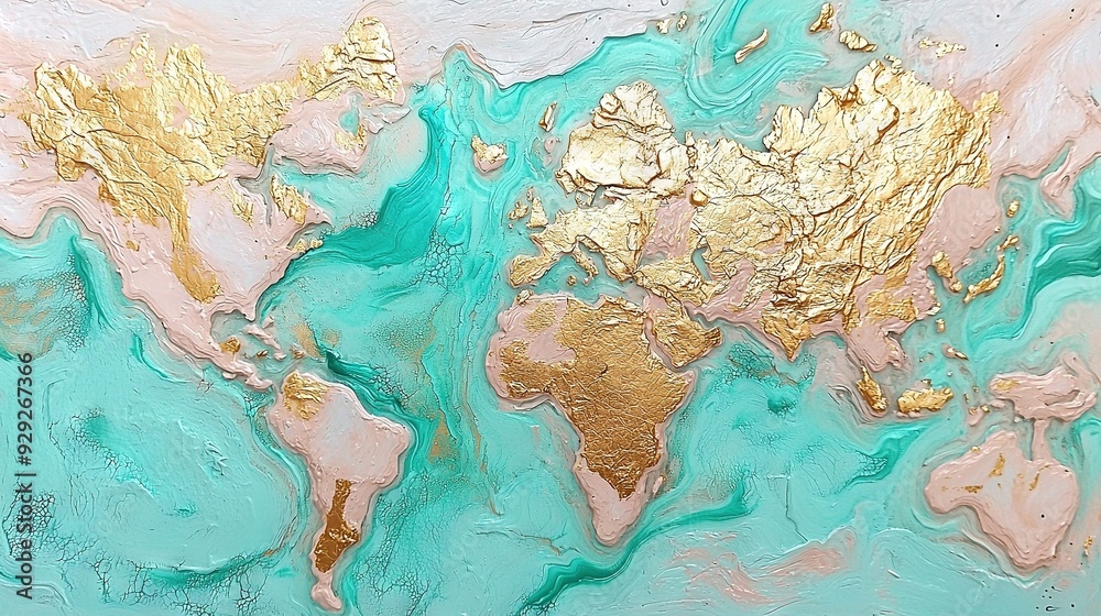 Fototapeta premium Gold and Teal Map Painting