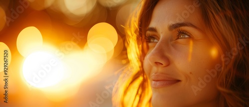  A woman's face, tightly framed, with the sun casting golden rays behind, and foreground softly lit by bokeh-ed lights