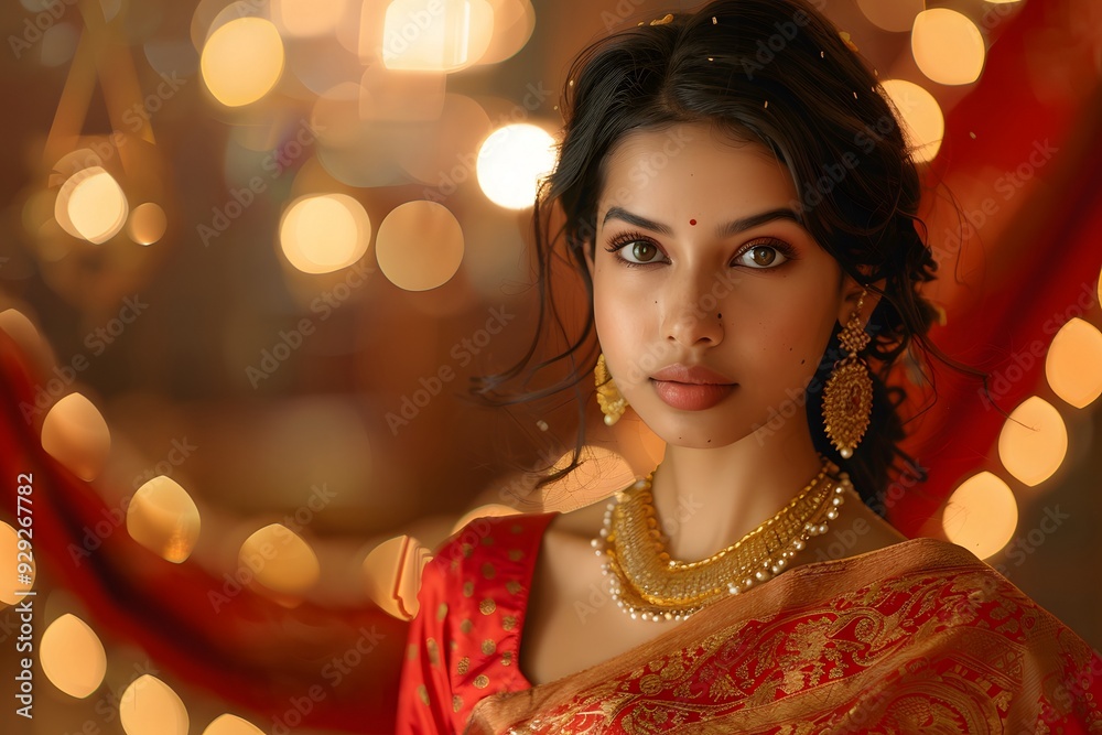 Elegant Indian Woman in Traditional Attire with Festive Background
Elegant Indian Woman in Traditional Attire with Festive Background