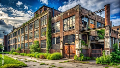 Weathered facade of abandoned factory looms over crumbling sidewalk, rusty gates, and overgrown lots, a haunting testament to Detroit's industrial decline and urban decay. photo
