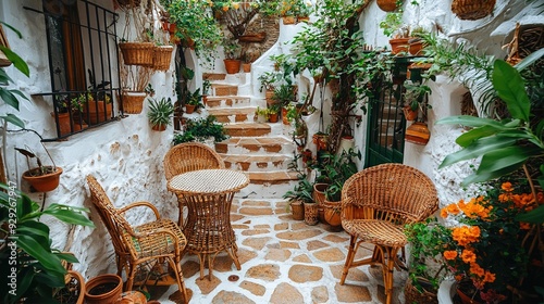 Fototapeta Naklejka Na Ścianę i Meble -   A sequence of actions culminating in a patio featuring wicker seating and plants arranged on both sides