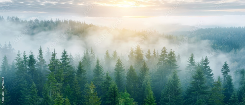 In a foggy, overcast day, pine trees are illuminated by the sun as it penetrates the clouds In a foggy, overcast day, pine trees are illuminated by the sun as it penetrates the clouds