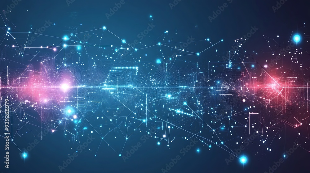 Fototapeta premium Abstract blue and pink background with glowing dots and lines.