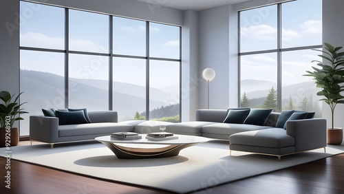 Wallpaper Mural Interior of modern living room with panoramic window, sofa and coffee table. 3d rendering Torontodigital.ca