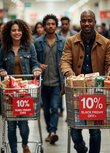 a group of people walking in a grocery store with shopping carts full of black friday deals items