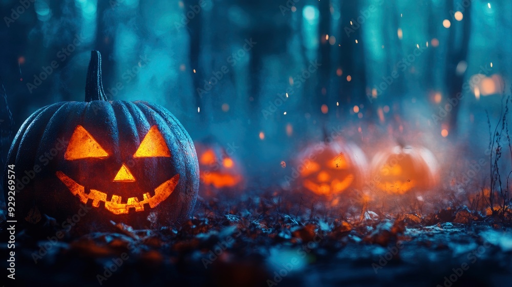 Fototapeta premium Halloween pumpkins in the forest at night.Halloween background with Evil Pumpkin. Spooky scary dark Night forrest. Holiday event halloween banner background concept with generative ai