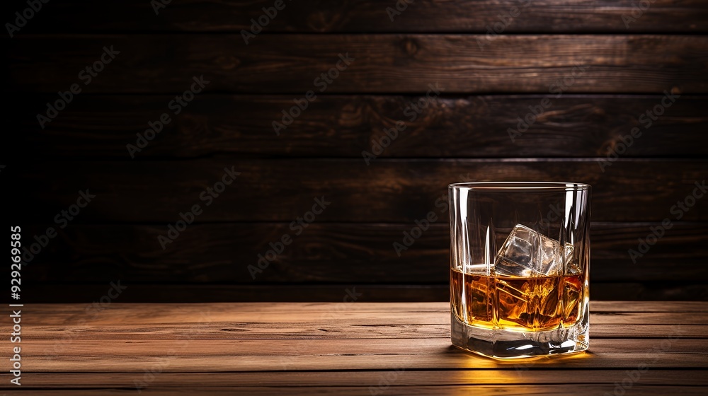 A glass of whiskey with ice cubes on a wooden table, with a dark wooden background. A glass of whiskey with ice cubes on a wooden table, with a dark wooden background.
