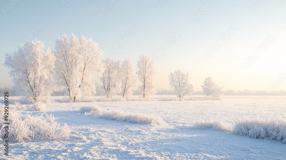 Fototapeta premium Serene Winter Pano: Snowy Landscape with Frosted Trees and Clear Sky Copy Space