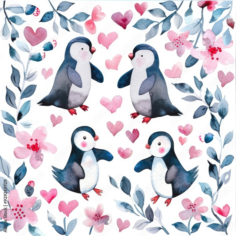 Naklejka premium Charming Penguin Romance. Watercolor Illustration with Pink Flowers for Valentine's Day