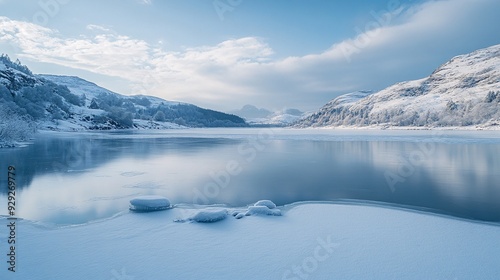 Tranquil Winter Scene of Frozen Lake Surrounded by Snowy Hills with Copy Space in Sky