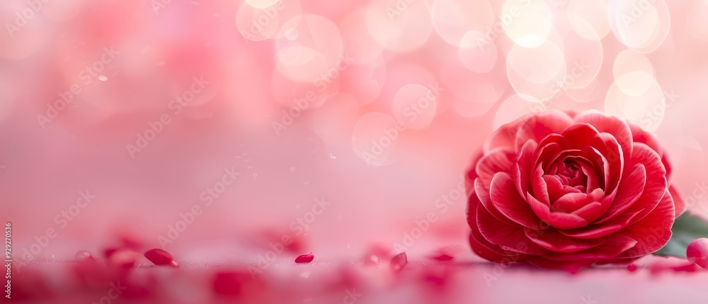  A large, red flower sits atop a table, next to a mound of red pomegranates