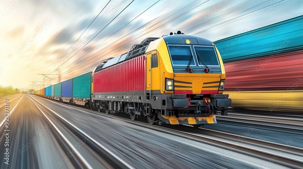 Naklejka premium Freight trains in motion, transport logistics, photorealistic illustration, powerful and dynamic