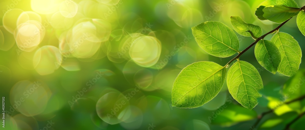  A tight shot of a green leaf on a branch with a soft, blurred backdrop of surrounding leaves