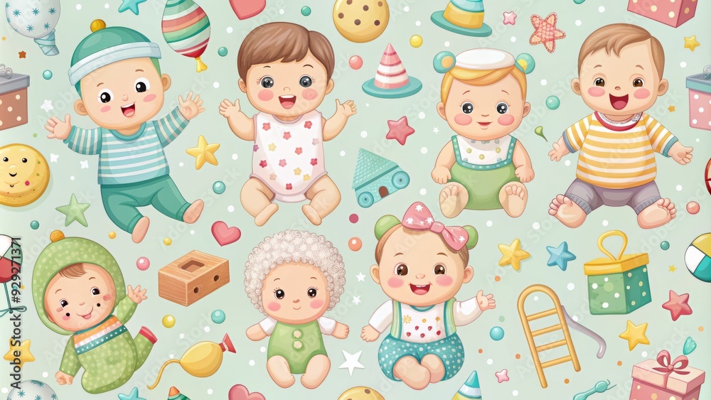 Whimsical seamless patterns of adorable babies in various poses and outfits, surrounded by colorful toys, blocks, and baby accessories on a soft pastel background.