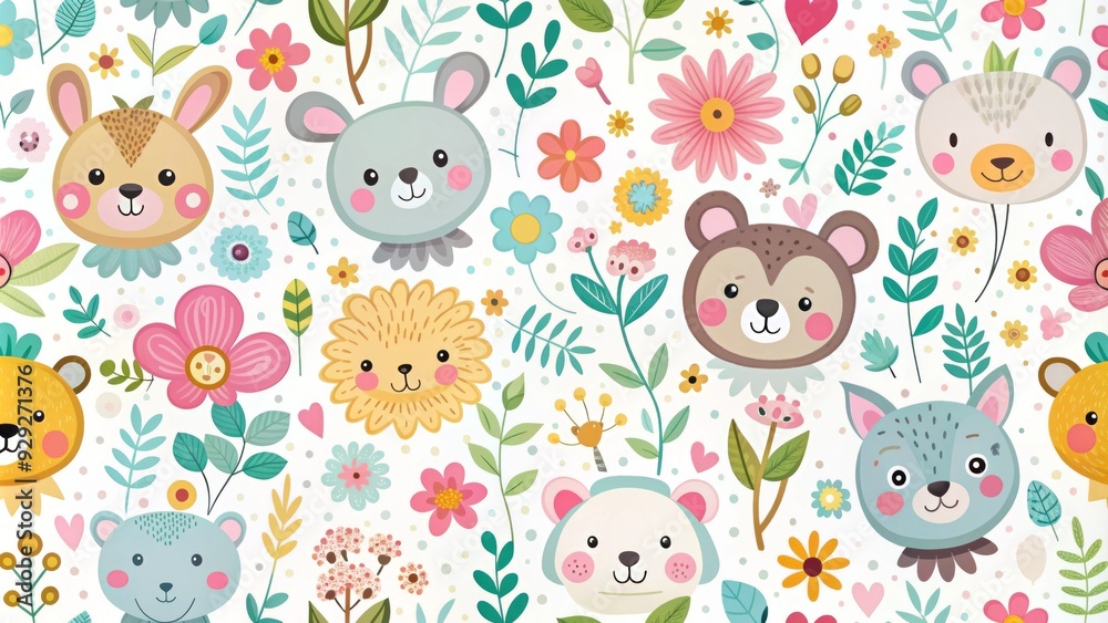 Whimsical seamless vector pattern featuring adorable cartoon animals, colorful flowers, and playful icons in bright pastel hues on a soft white background. Whimsical seamless vector pattern featuring adorable cartoon animals, colorful flowers, and playful icons in bright pastel hues on a soft white background.