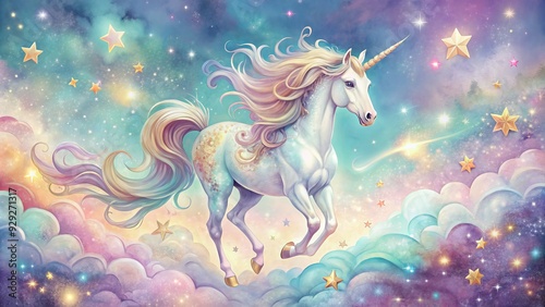 Whimsical, shimmering unicorn illustrations in pastel colors, adorned with glittering stars and swirls, set against a soft, dreamy background, evoking magic and wonder.