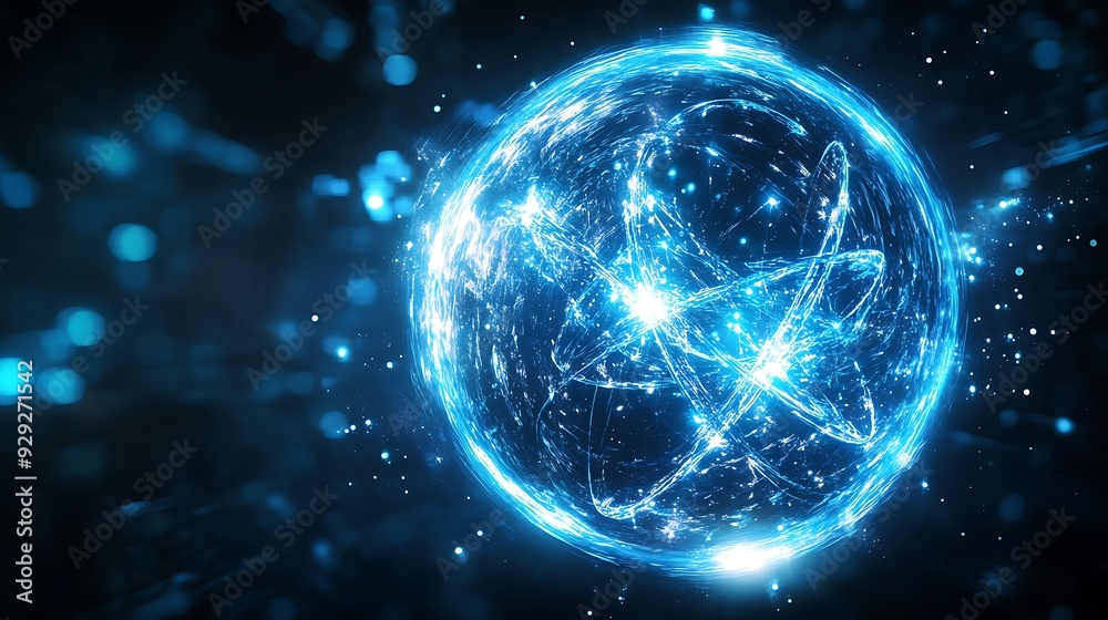 Obraz premium Abstract Blue Sphere with Glowing Lines and Bokeh.