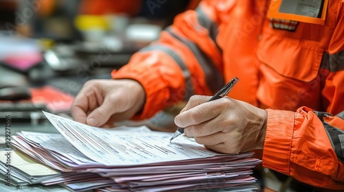 Customs documents being reviewed and stamped at a border checkpoint photo