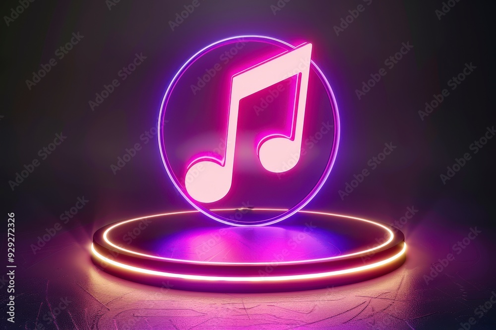 A glowing music note symbol in neon style on a circular platform. A glowing music note symbol in neon style on a circular platform.