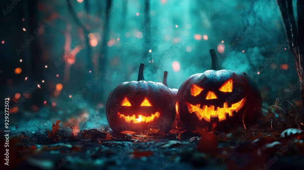 Fototapeta premium Halloween pumpkins in the forest at night.Halloween background with Evil Pumpkin. Spooky scary dark Night forrest. Holiday event halloween banner background concept with generative ai