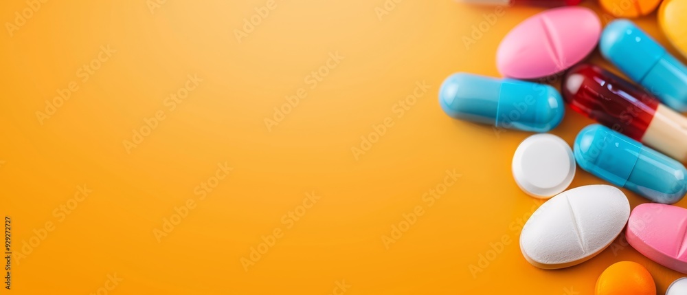 A yellow table holds a stack of colorful pills, with scissors resting atop one pill A yellow table holds a stack of colorful pills, with scissors resting atop one pill
