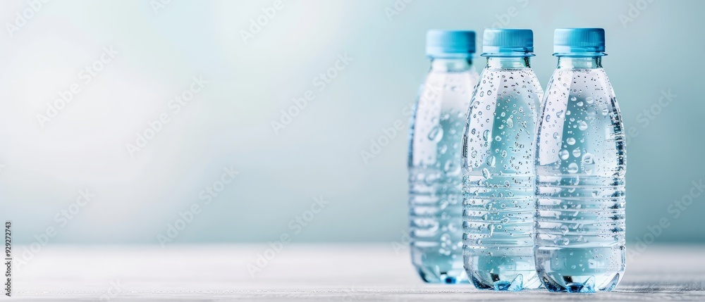 Three bottled water bottles on a table, each with water droplets atop and beneath Three bottled water bottles on a table, each with water droplets atop and beneath