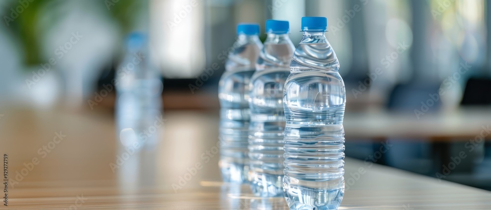 A line of water bottles aligned on a wooden table, beside a vase with a verdant plant A line of water bottles aligned on a wooden table, beside a vase with a verdant plant