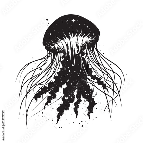 silhouette of jelly fish filled with space and sci-fi element in rough drawing