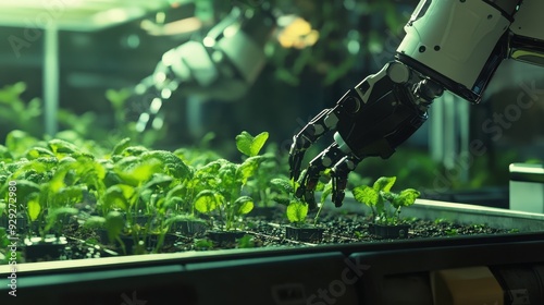 Robotic arms carefully tend to growing plants in a high-tech hydroponic setup indoors photo