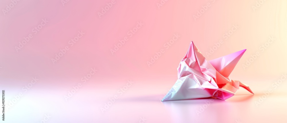 A pink and white origami bird on a pink background, with reflections A pink and white origami bird on a pink background, with reflections