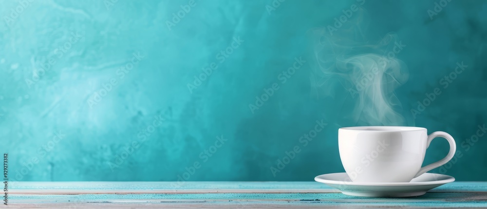 A steaming cup of coffee rests on a saucer atop a weathered wooden table, its reflection casting subtle shadows beneath Teal wall in the background A steaming cup of coffee rests on a saucer atop a weathered wooden table, its reflection casting subtle shadows beneath Teal wall in the background