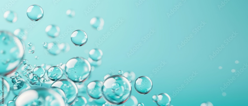 Blue and green backdrop with a scattering of bubbles floating in the air against a blue sky background Blue and green backdrop with a scattering of bubbles floating in the air against a blue sky background