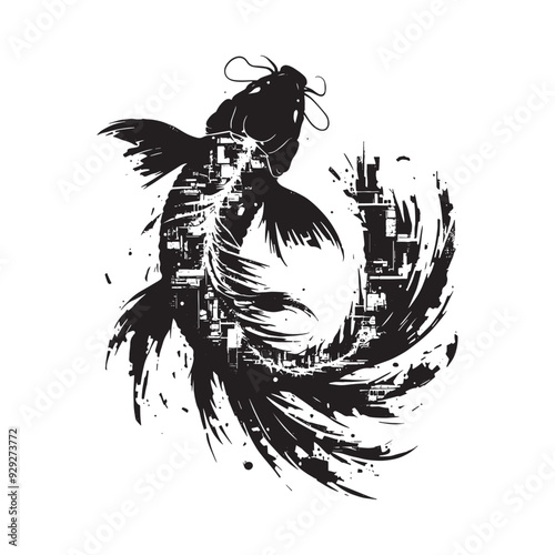 silhouette of koi filled with destroyed futuristic dystopia environment in rough drawing
