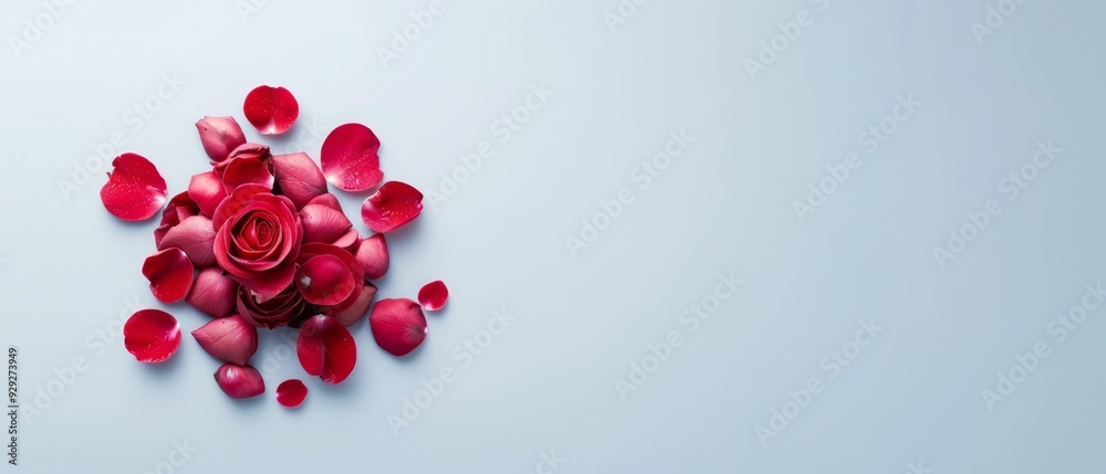 A red rose bundle lies on a light blue surface, with hearts-shaped petals A red rose bundle lies on a light blue surface, with hearts-shaped petals