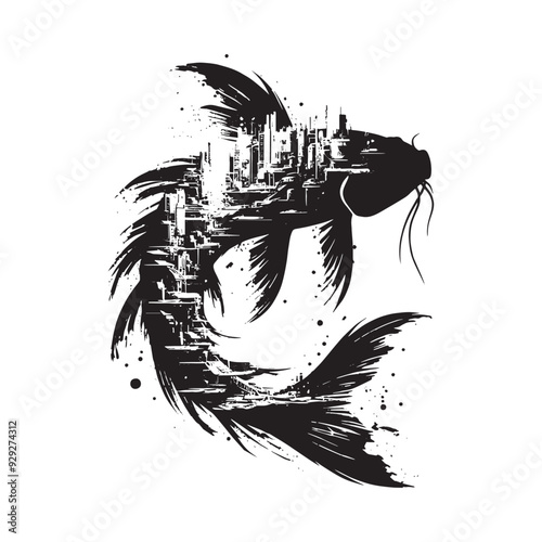 silhouette of koi filled with destroyed futuristic dystopia environment in rough drawing