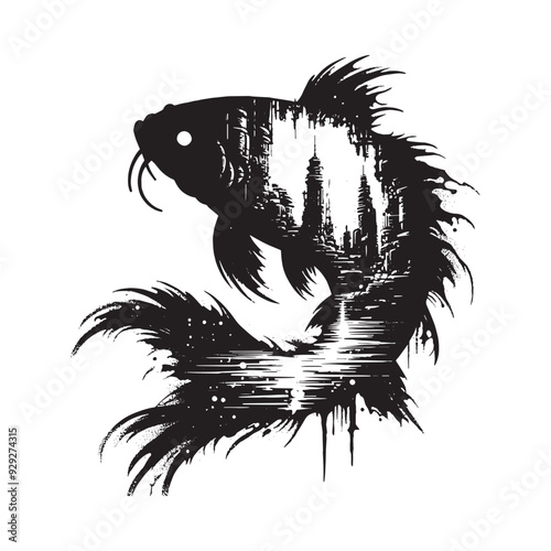 silhouette of koi filled with destroyed futuristic dystopia environment in rough drawing