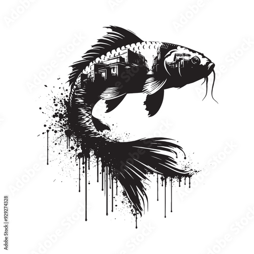 silhouette of koi filled with ghetto street in rough drawing