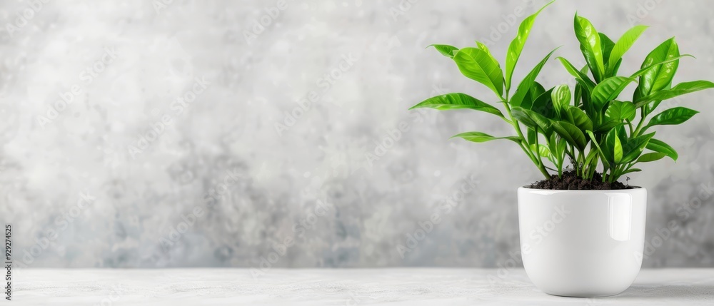 A potted plant atop a table, nearby, a white vase holding a green plant A potted plant atop a table, nearby, a white vase holding a green plant